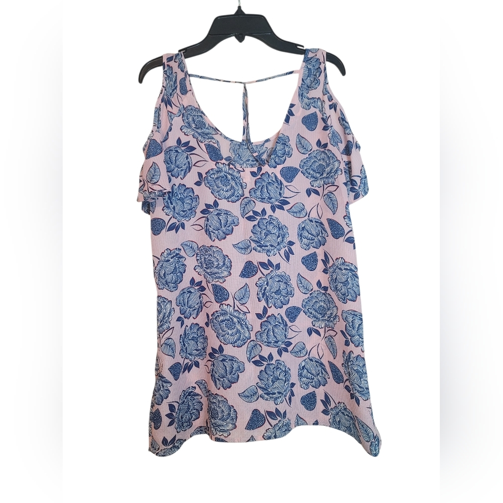 Kut from the Kloth Pink Cold-Shoulder Floral Blouse with Blue Roses